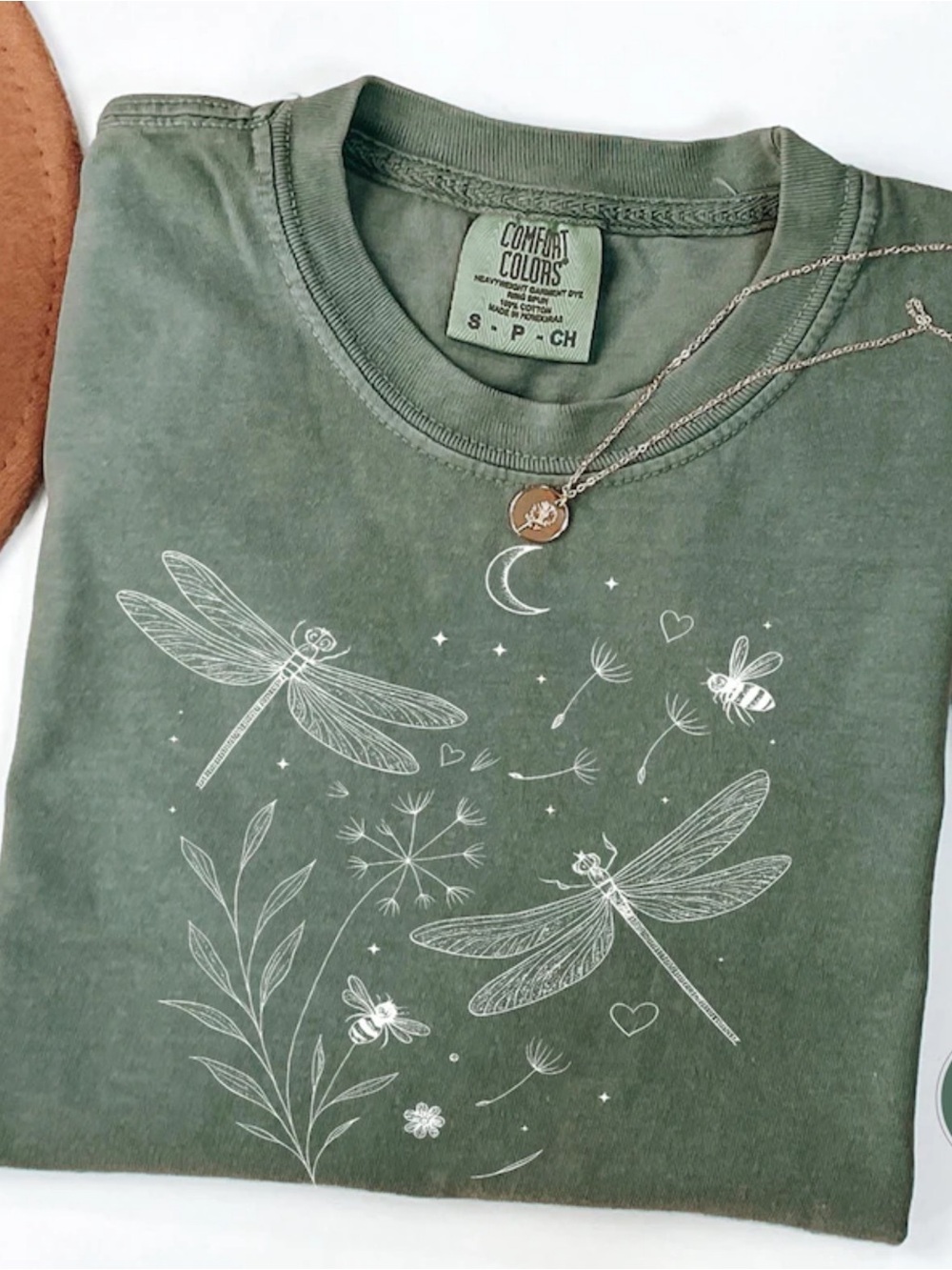 Comfort Colors Moss Green Dragonfly Tee with White Graphic